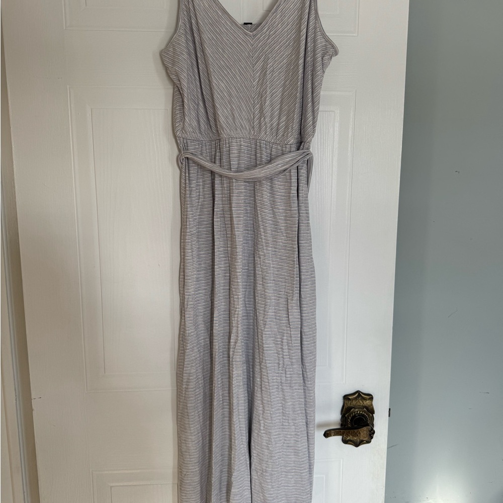 Gentle Fawn Light Gray Striped Sleeveless Jumpsuit